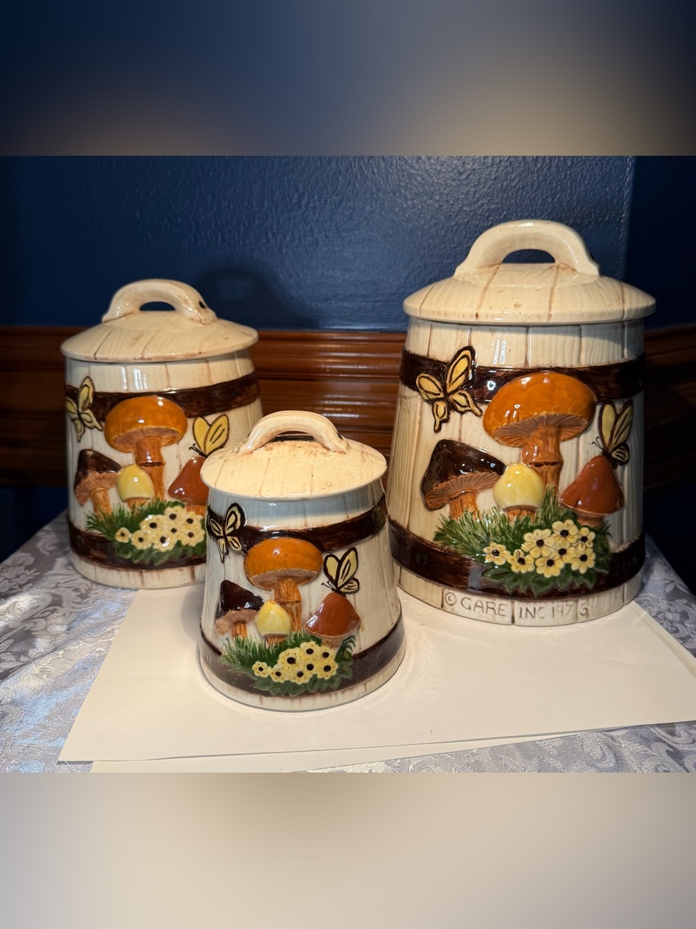 Vintage set of three ceramic mushroom butterfly canisters by Gare Inc. in 1976